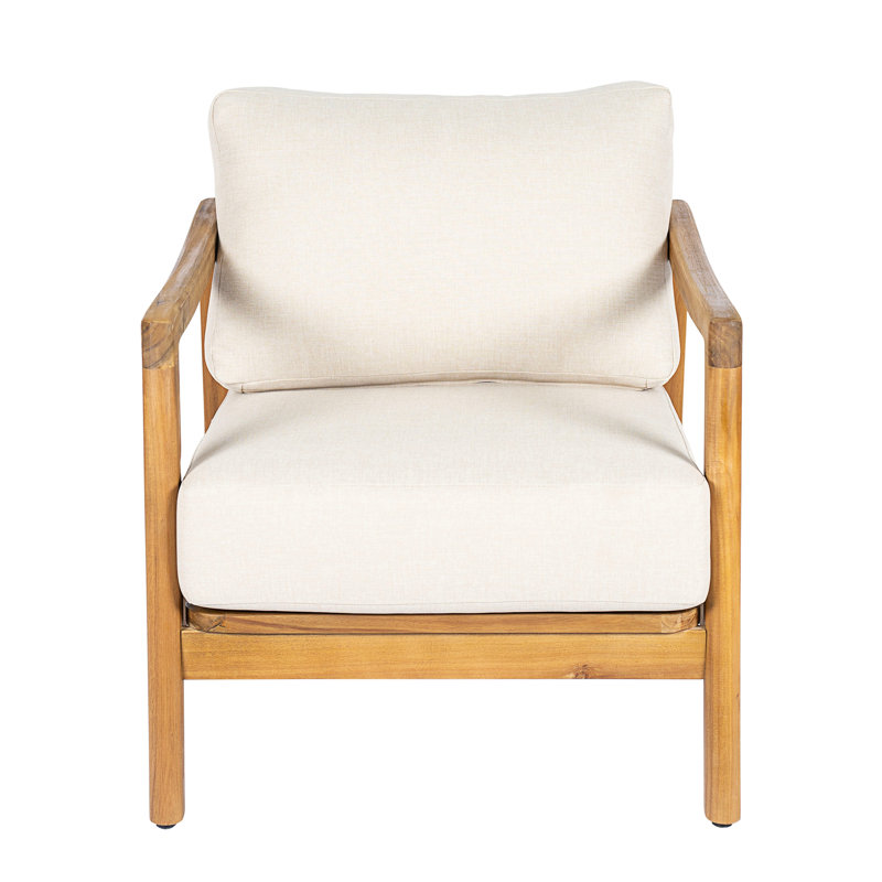 Fauteuil club d'extérieur, structure en bois d'acacia avec dossier en corde, coussins beiges hydrofuges pour patio / cour arrière / terrasse