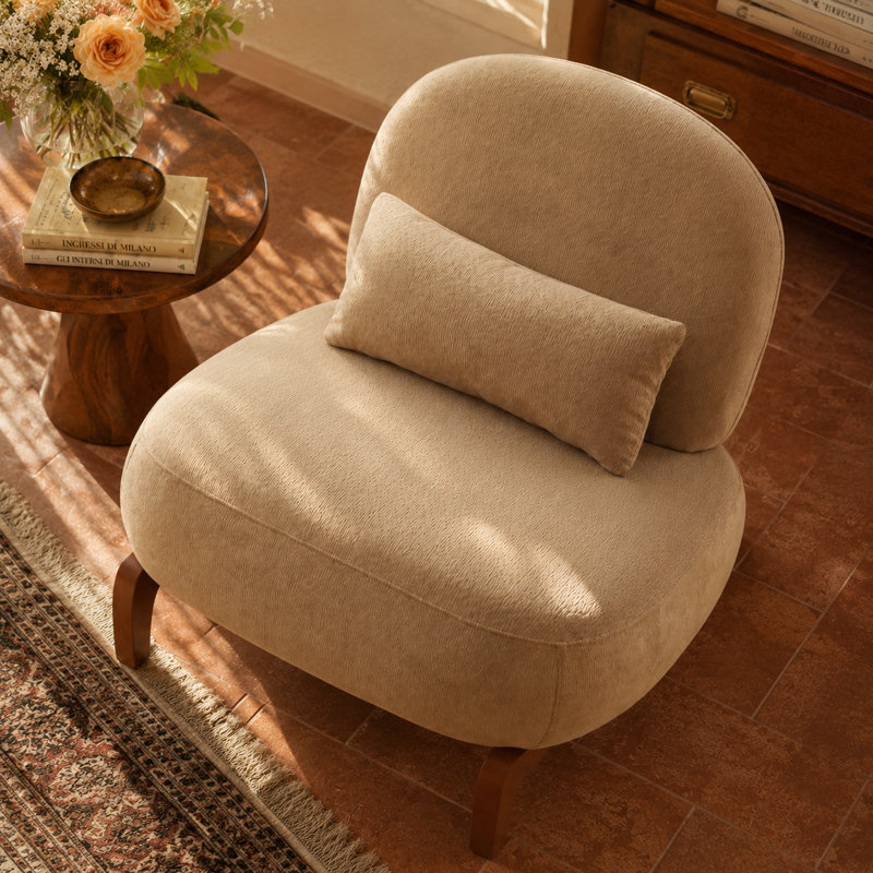 Fauteuil d'appoint sans accoudoirs Ellvorn, fauteuil de lecture moderne et rembourré avec coussin en tissu doux, pieds en bois massif et design bas et confortable pour chambre, salon et appartement