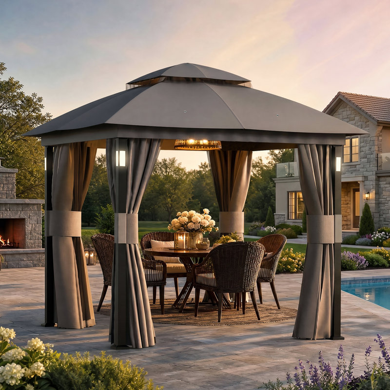 Pavillon de jardin à toit souple en acier à double toit avec éclairage DEL et haut-parleur Bluetooth, Gris, P 8 pi x l 8 pi