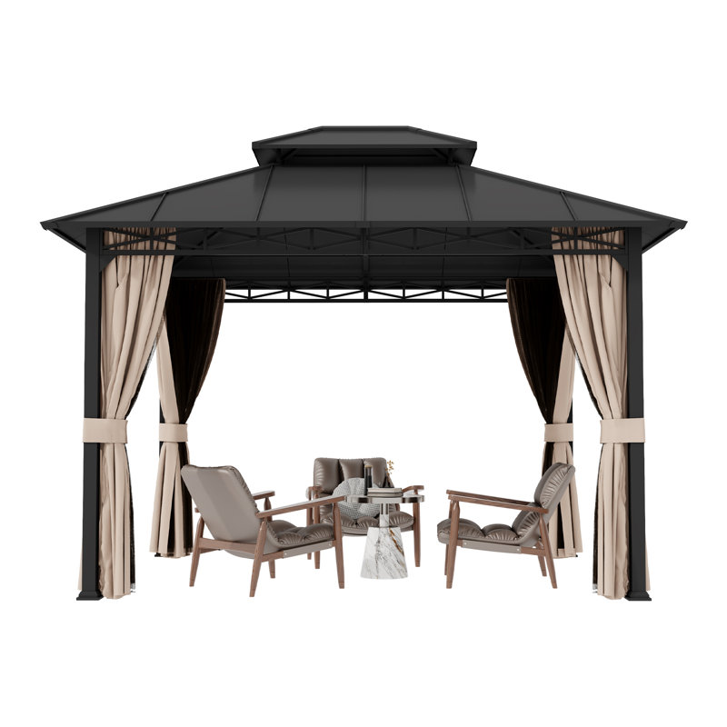 10 x 12Ft Outdoor Patio Gazebo With Double-layer Roof, Hardtop Gazebo With Powder-Coated Metal Frame, Mosquito Netting, Privacy Curtains and Ceiling Hooks for Garden, Patio, Backyard