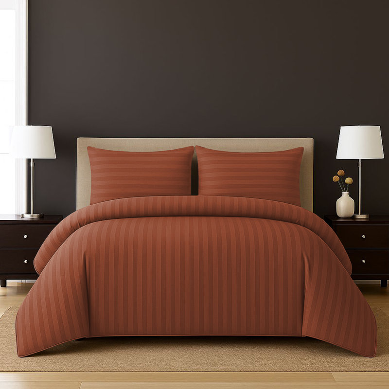 Haffa Microfiber Striped Duvet Cover Set with Pillowcases Included, Rust, Super King Duvet Cover + 2 Standard Pillowcases