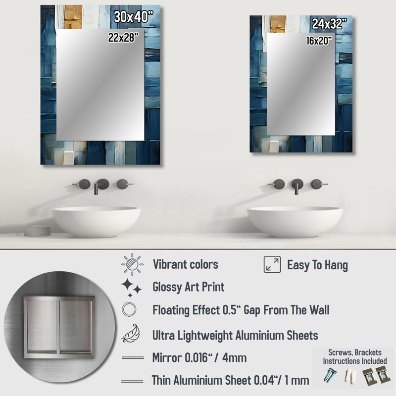 Abstract geometric square fusion - Abstract Decorative Wall Mirror, Blue Mirror, Printed Metal Art, 40" x 30"