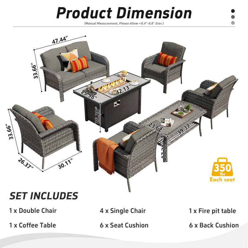 7 Piece Sofa Seating Group with fire pit and Cushions, Black