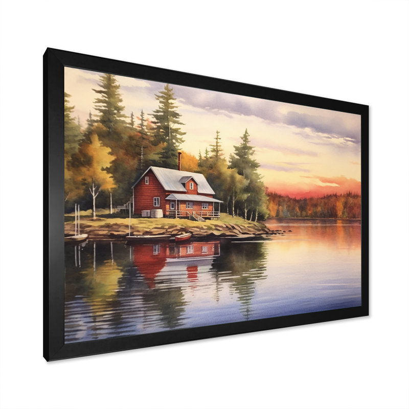 Cottage caché sur toile, H 16 po x l 32 po x P 1 po, Cadre simple noir