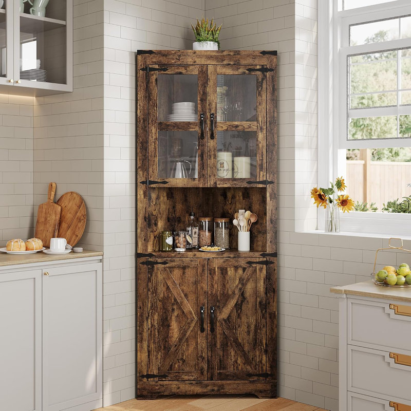 Tall Corner Cabinet, Farmhouse Corner Storage Cabinet with Glass Door & Adjustable Shelves, Brown