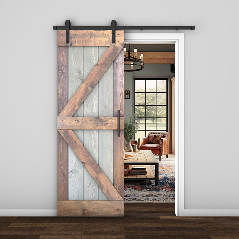 Porte de grange lambrissée peinte en bois et en métal, 30 po x 84 po, Gris / Chêne