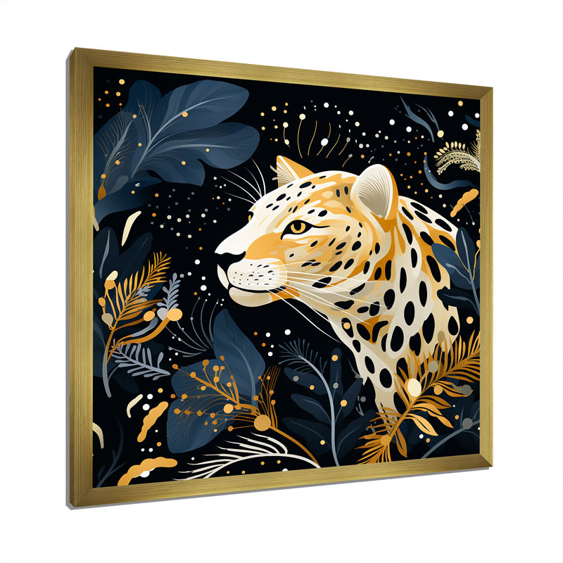 Collage de léopard jaune et bleu I - art mural léopard / guépard, H 30 po x l 30 po x P 1,5 po, Cadre doré simple