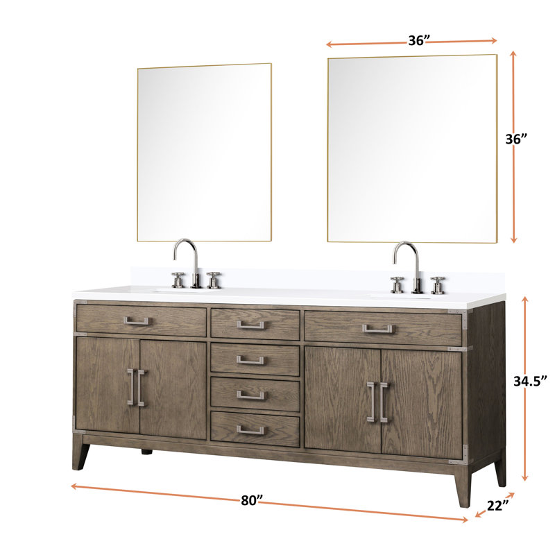 Meuble-lavabo double en chêne gris, comptoir en quartz, robinet, 36 miroirs, meuble-lavabo poli à la main pour durer, P, surface, fini scellé et durable