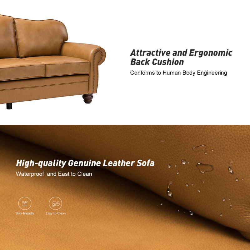 Damore 81'' Wide Genuine Leather Sofa, Camel Genuine Leather