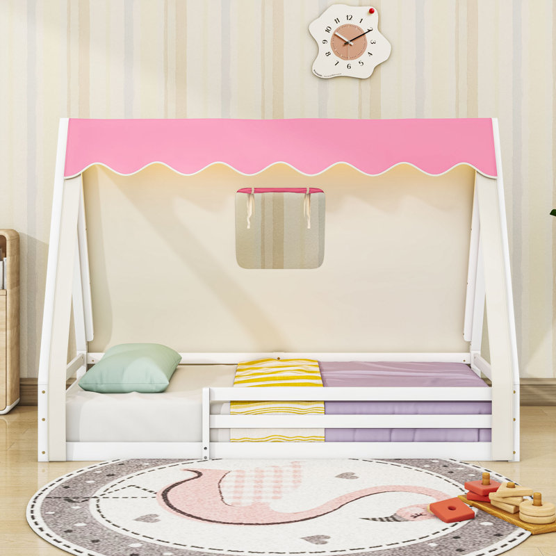 Lit sur pied en bois avec lumière DEL, tente et garde-corps, Simple, Rose blanc