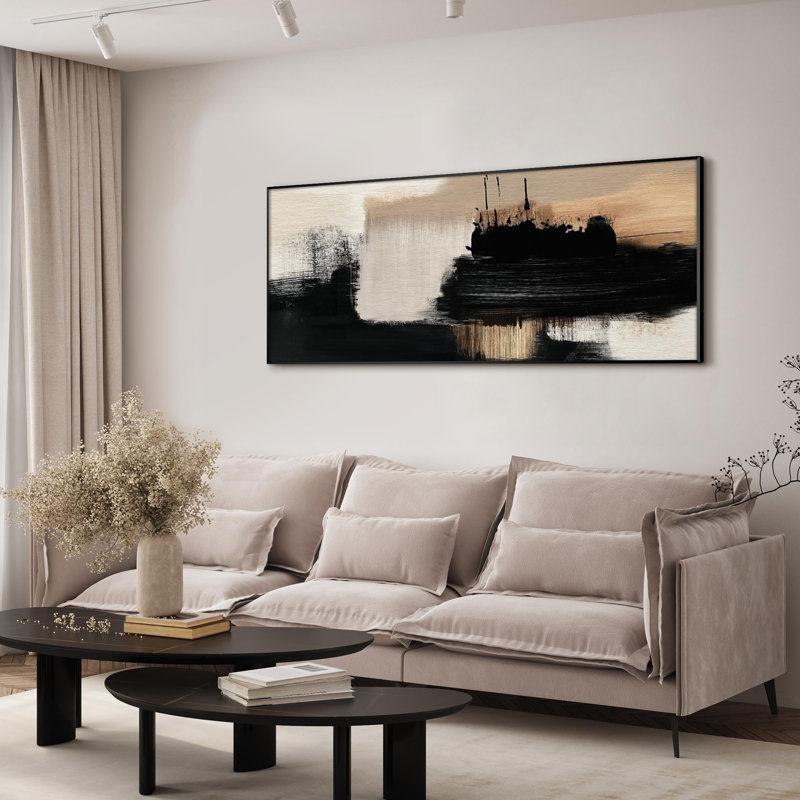 Abstrait noir et beige, coup de pinceau moderne, chambre à coucher rustique, grand encadré, impression d'art mural (assemblage requis)