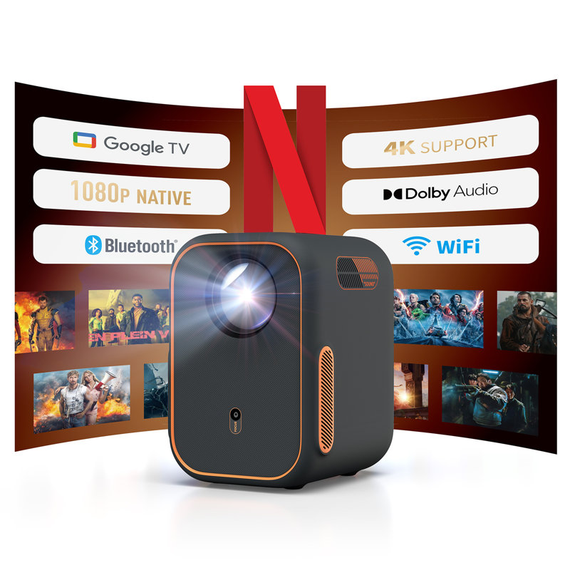 WEMAX Google TV Projector, Netflix Officially Licensed 4K Support, Mini Projector with Wifi and Bluetooth, Smart Movie Projector for Home Theater, 1080P Full HD, MAX 120" Display, Dolby Audio
