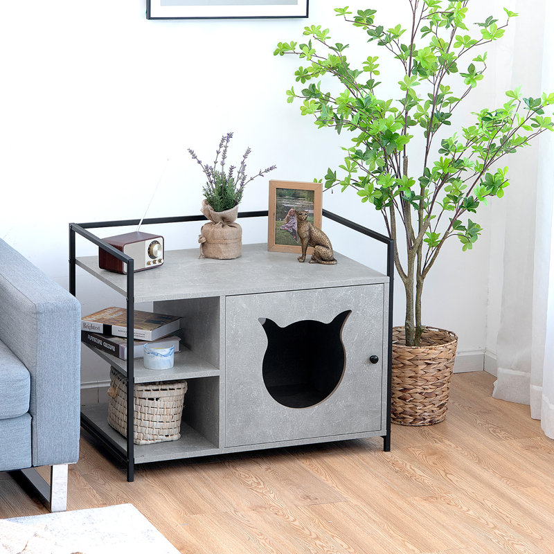 Enceinte de litière pour chat cachée avec tablette de rangement à 2 niveaux, gris