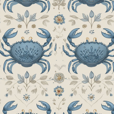 Papier peint adhésif à motif crabe, floral, bohème, bleu vintage, côtier, marin, beige, amovible et autocollant, pour chambre, cuisine, placards, 61 cm x 300 cm