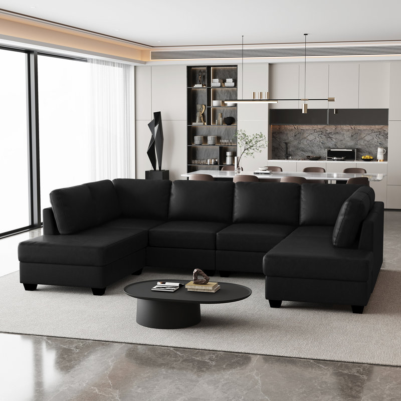 Canapé modulaire en U en similicuir, Similicuir noir