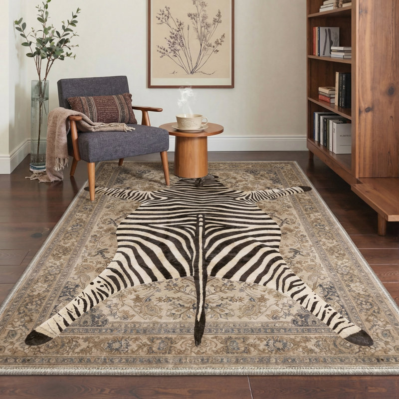 Veatrice Savanna Animal Print Zebra Hide Machine Washable Brown / Beige Indoor Area Rug with Non-Slip Backing