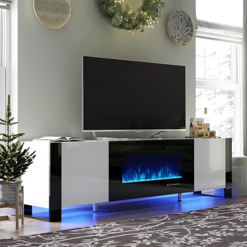Crédence de rangement Pittston avec foyer inclus, Blanc / noir, 70"