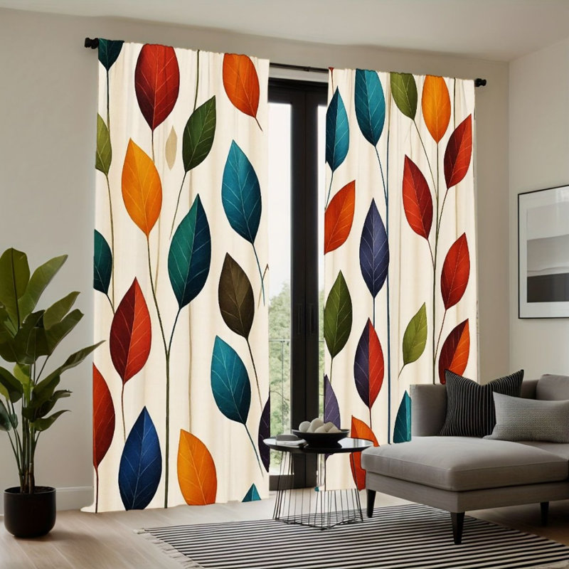 2 pièces de rideaux à feuilles botaniques modernes, motif de feuilles multicolores vibrantes, filtrant la lumière, style contemporain artistique, décor de fenêtre d'étude de salon toutes saisons