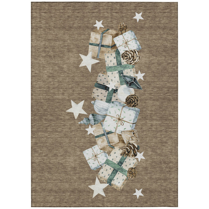 Machine Washable Indoor/Outdoor Christmas Presents Xhevrie Brown Rug, Rectangle 10' x 14'