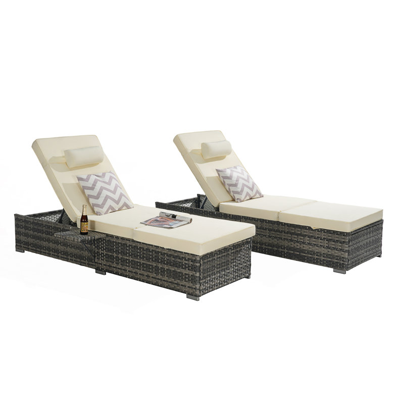 Ensemble de 2 chaises longues d'extérieur avec rangement et chaises de patio, Beige