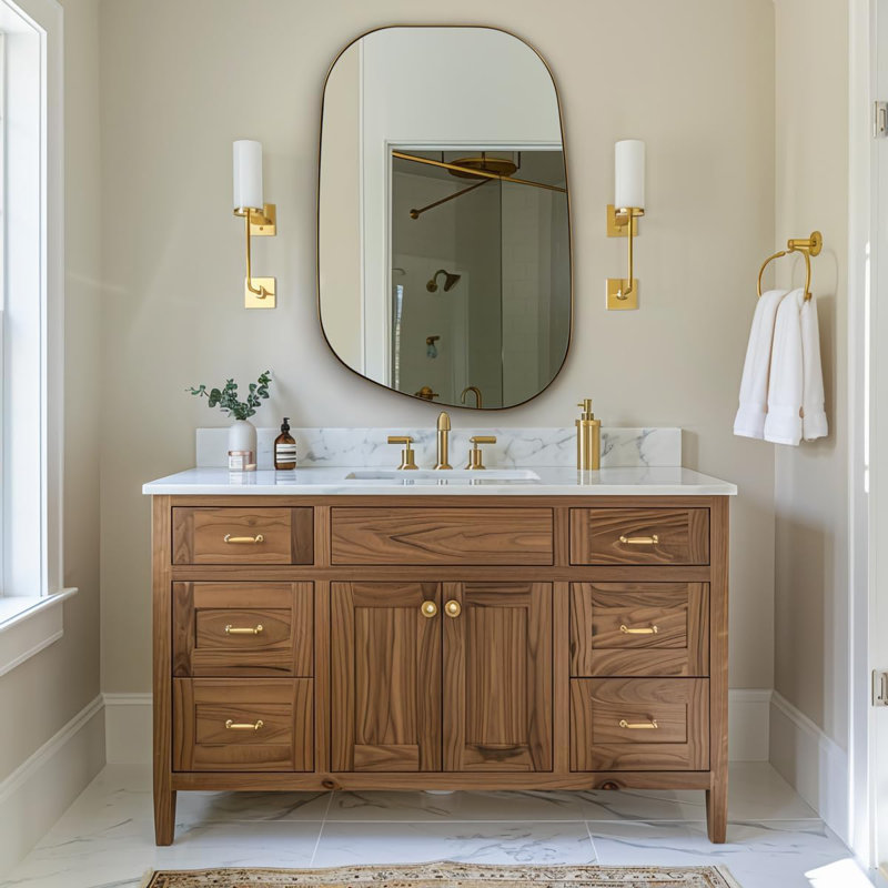 Huldrik Asymmetrical Irregular Bathroom Vanity Mirror | Stainless Steel Frame, Brushed Gold, 32" x 24"