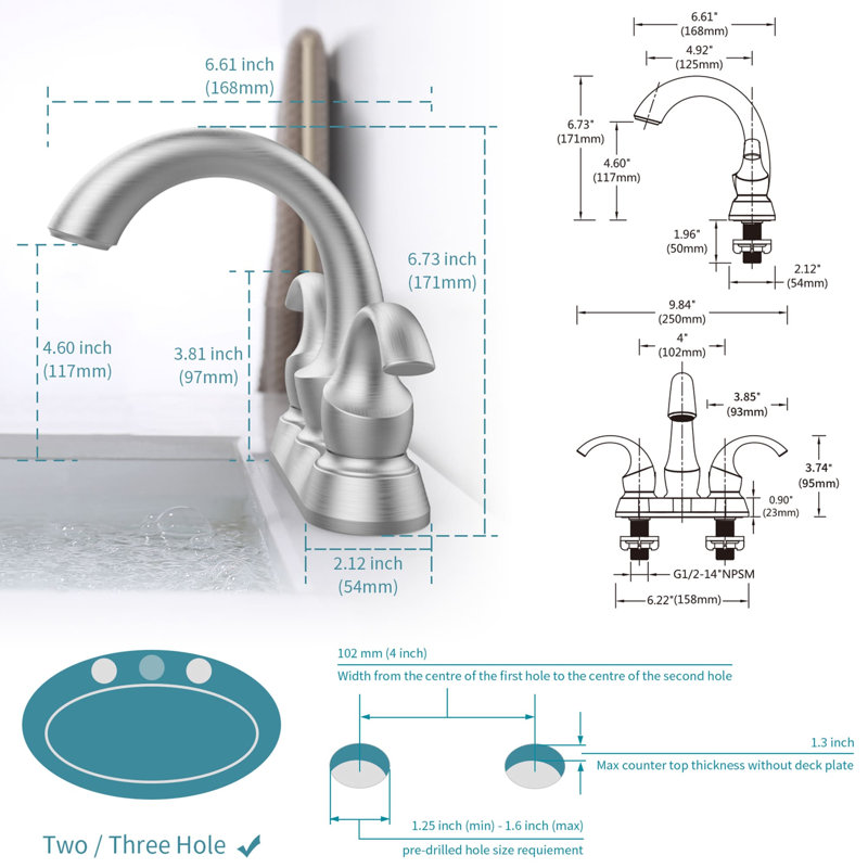 Robinet de salle de bain à ensemble central avec bonde, Nickel brossé