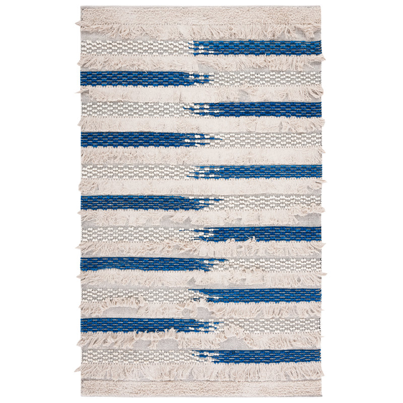 Stanwick Striped Handwoven Cotton Beige/Blue Area Rug, Rectangle 6' x 9'