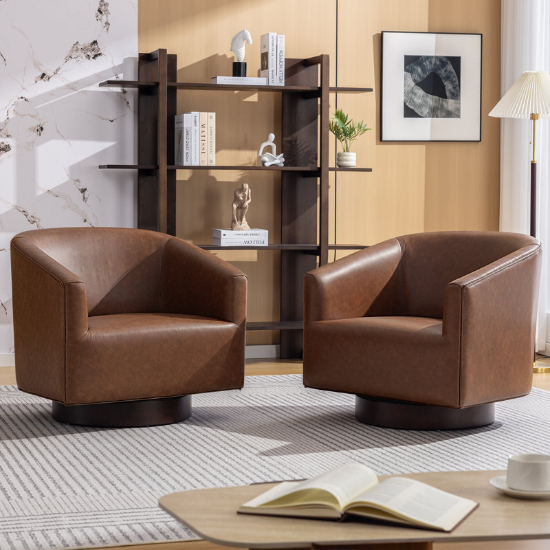 27.6" Wide Upholstered Swivel Barrel Chair With Solid Wood Base-2PC, Brown