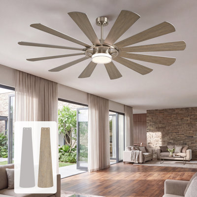 72" Large Ceiling Fan with Lights and Remote, 10949 CFM High Airflow Modern Industrial Wind-Mill Fan, 12 Reversible Walnut/Black Blades Quiet DC Motor, for Great Room Barn Commerce