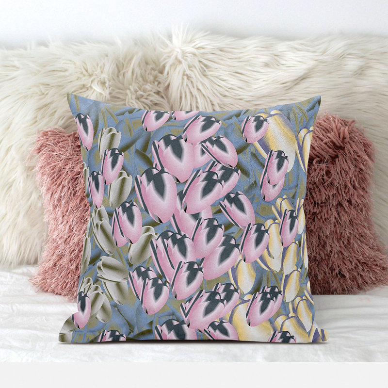 Tulip Bouquet Faux Suede Throw Pillow in Pink, Silver, and Gold