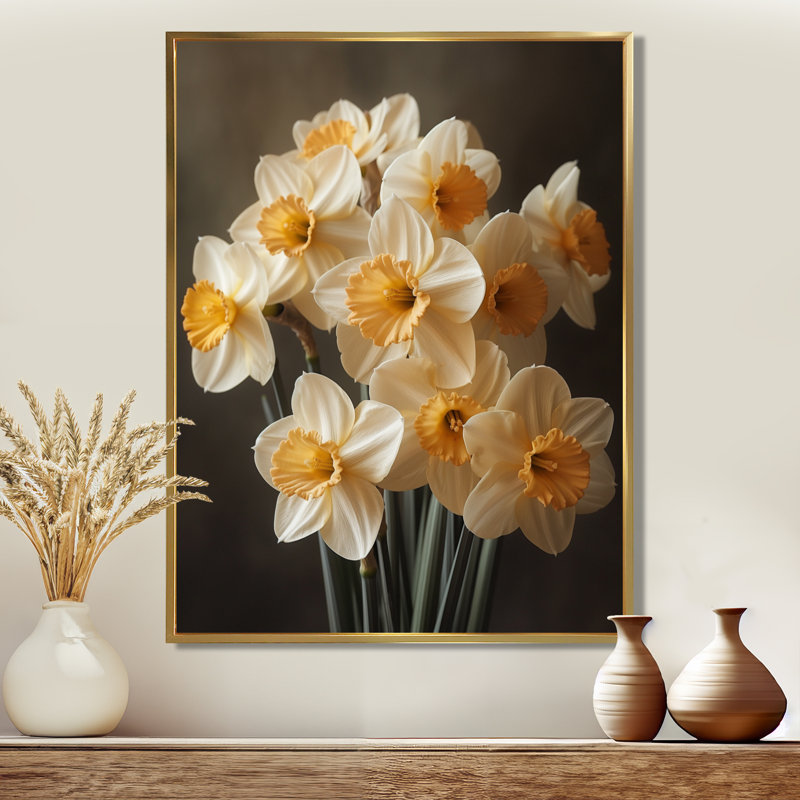 Blanc, jaune, soleil, éclaboussures, jonquilles, jonquilles, art mural, salon, H 30 po x l 40 po, Cadre flottant doré