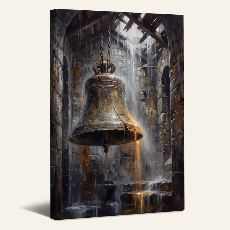 Art mural en toile Cracked Bronze Bell in Rainy Stone, H 24 po x l 18 po