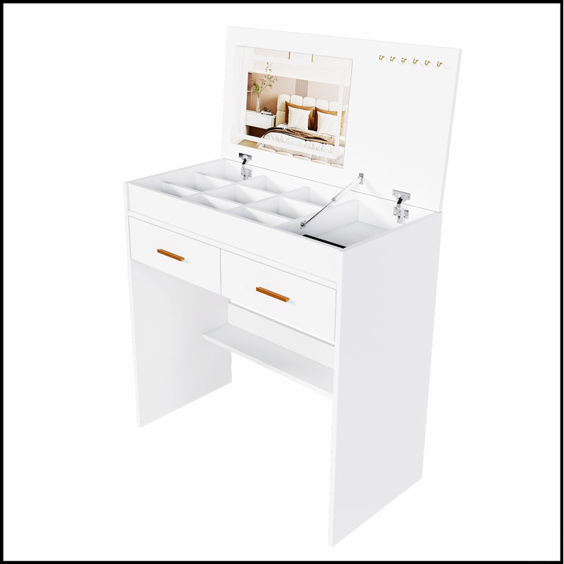 Flip Top Vanity Desk With LED Lighted Mirror & Built-In Outlet - Makeup Table With Drawers, Storage, And Hooks