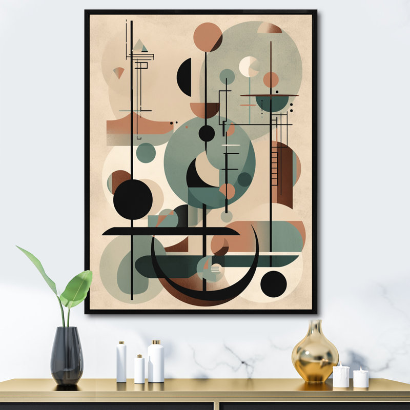 Illustration abstraite de style Mid-Century contenant des objets et des formes - reproduction sur toile, Cadre flottant noir
