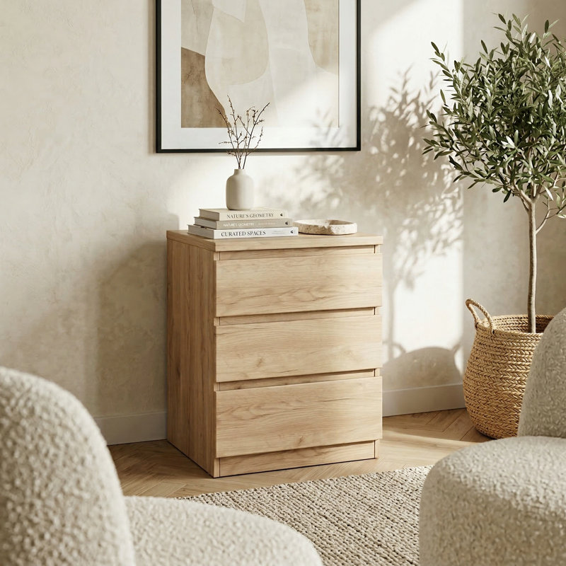 Compact Three-Drawer Nightstand with Handle-Free Design and Thickened Top for Bedroom and Living Room Storage
