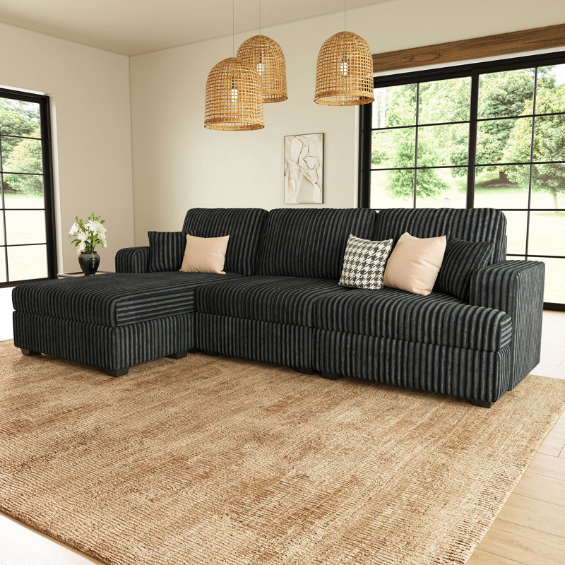  Bianca Wide Plush Corduroy 3-Seat L Shaped Modular Sofa with Storage, Dark Gray Corduroy, Left Hand Facing