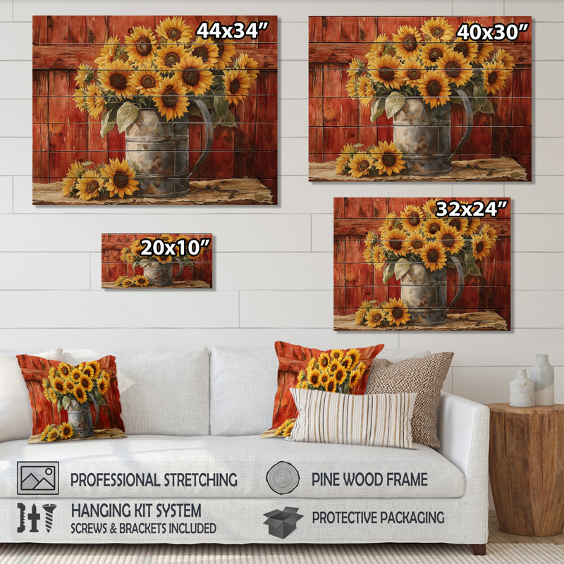 «Golden Hour Harvest Blooms At The Barn II», art mural en bois assorti, sur bois de pin naturel