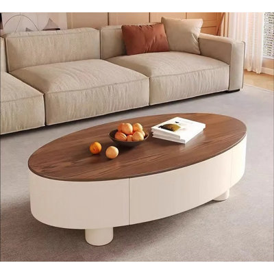 Table basse Mid-Century moderne ovale avec tiroirs en bois massif, table de rangement au fini noyer pour le salon