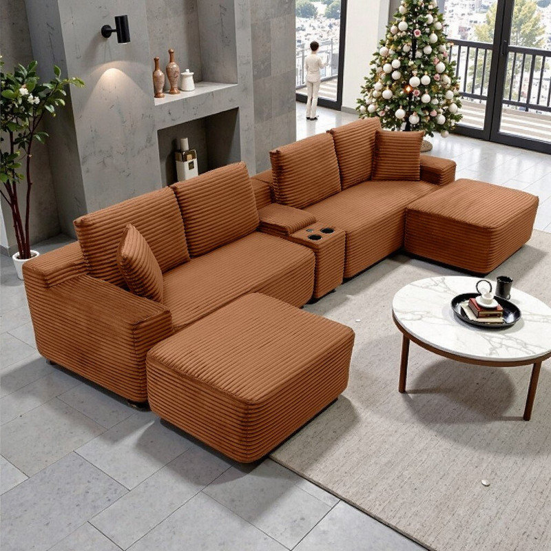 Canapé modulaire en forme de L 125 po avec repose-pieds, porte-gobelets et recharge USB 125 po, Orange