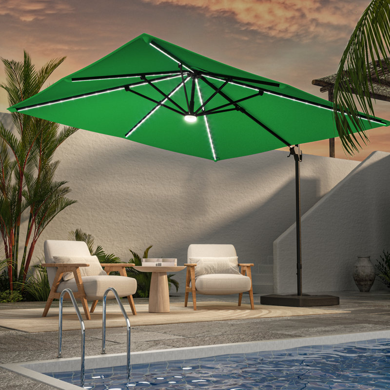 Parasol en porte-à-faux carré éclairé 10 pi avec base Sharesse, Vert trèfle