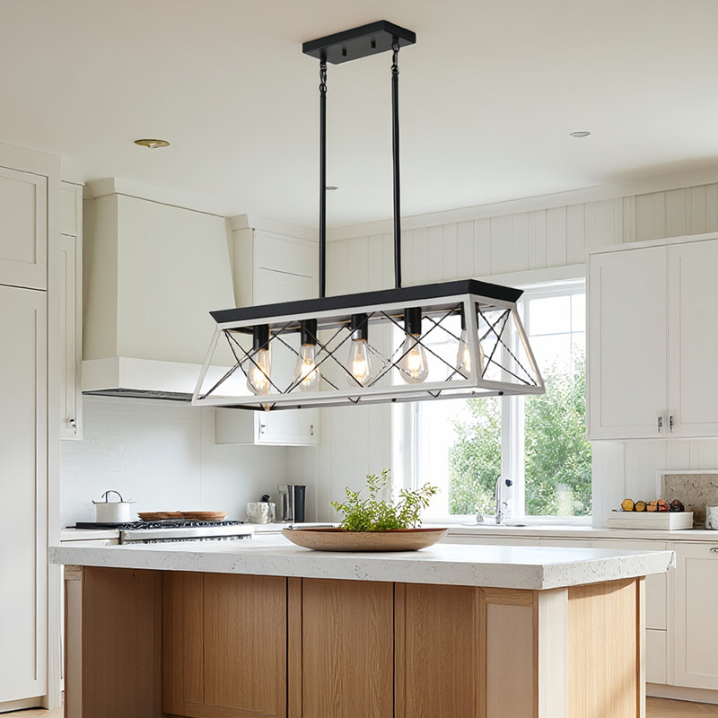 5 - Light Kitchen Island Linear Pendant with Wood Accents, Matte Black/White