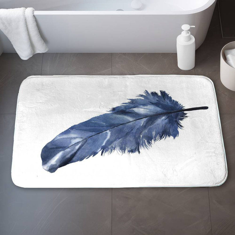 Blue feather Bath Mat with Non-Slip Backing - Quick Dry Memory Foam Bathroom Rug - Absorbent - Modern Plush Spa-Style - Machine Washable