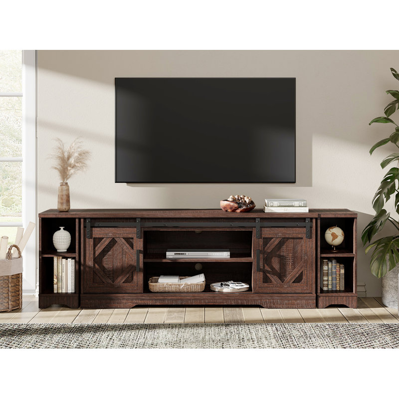 Laziza 78.6" W TV Stand for TVs up to 85" with Sliding Barn Doors and Open Storage , Rustic Brown