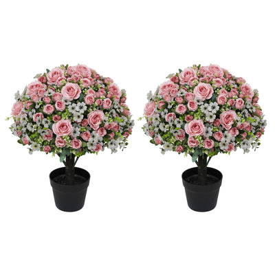 2 Pack 24” Artificial Topiary Ball Trees with Flowers, Faux Shrub Bushes for Indoor & Outdoor Spring Summer Fall Seasonal Decor