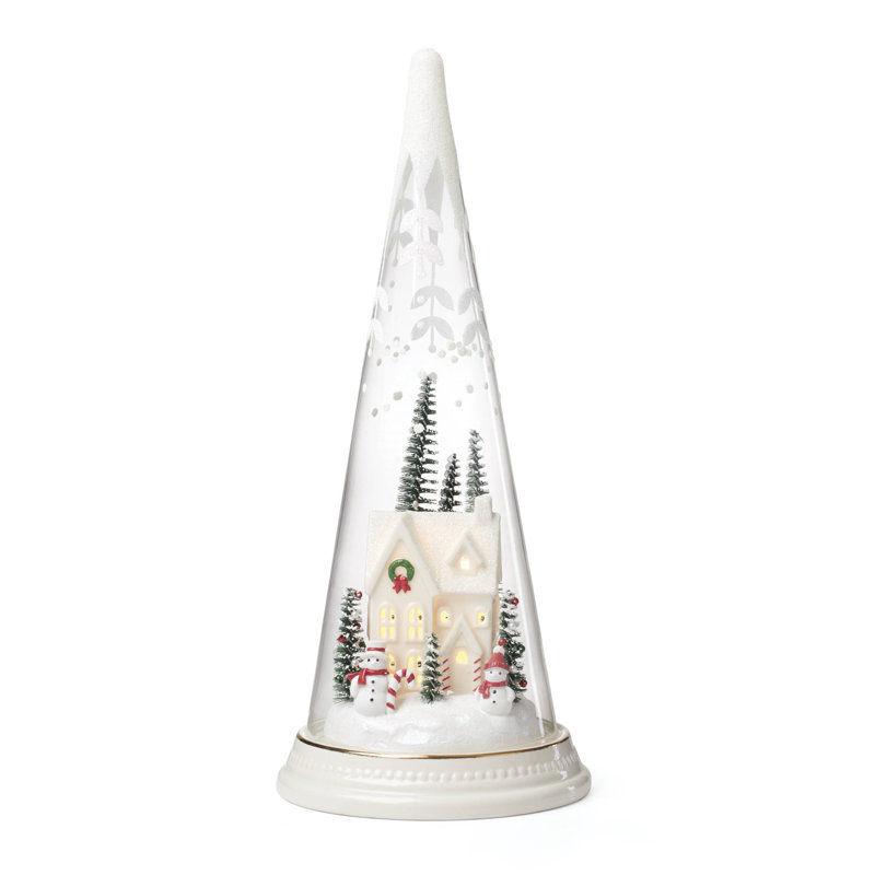 Lit Christmas Cone With Farmhouse Scene