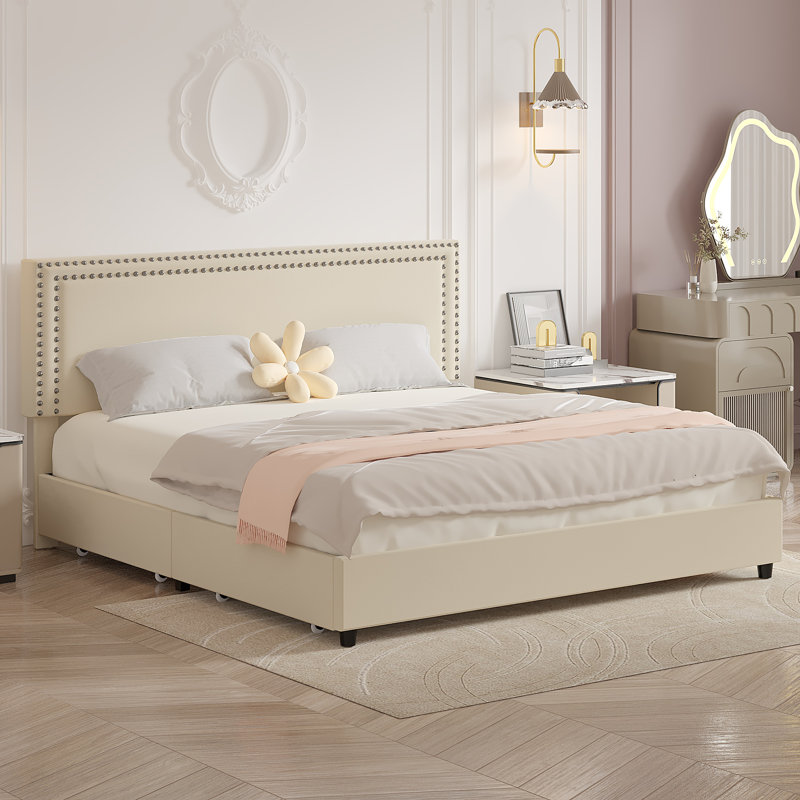 White Velvet Upholstered King Platform Bed with Storage Drawers
