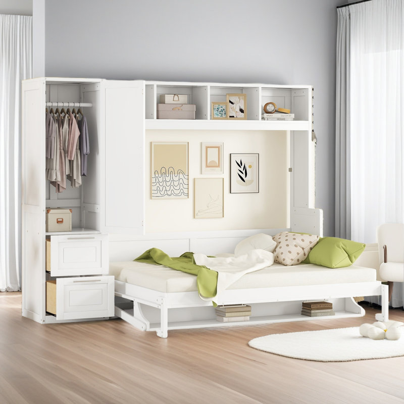 Grand lit escamotable mural avec placard et tiroirs, Blanc