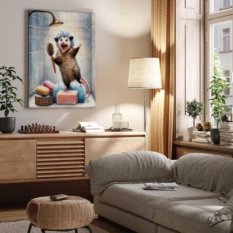 «Whimsical Opossum Bathing», reproduction sur toile - Urban Studio, 30 x 20 pouces (75 x 50 x 2 cm)