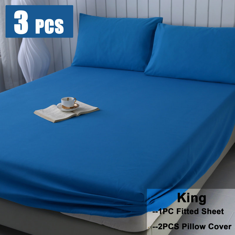 Ensemble de draps-housse de couleur unie - bleu saphir - très grand (198 x 203 cm) (3 pièces), Bleu saphir, Très grand lit