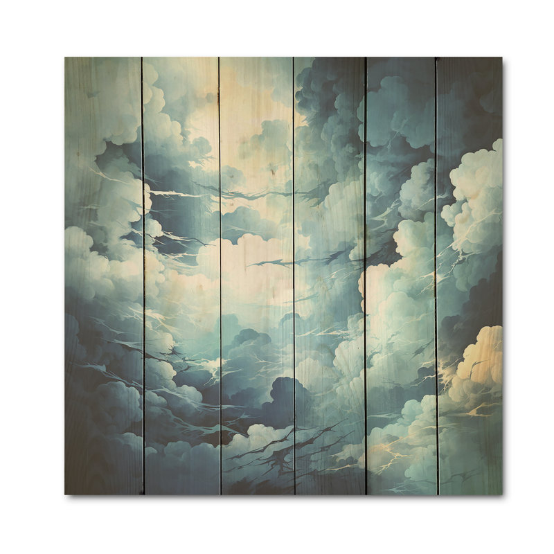 Tempête de nuages bleus et blancs - nuages, art mural sur bois de pin naturel, H 15 po x l 15 po